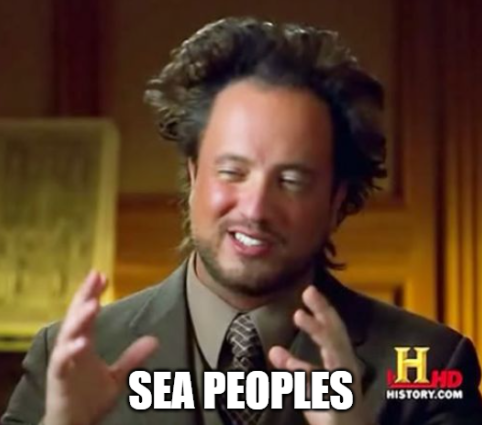 The meme features a screenshot of an interview with a man with a distinctive hairstyle, who is being questioned about the existence of sea creatures. The text "Sea People" is written in a bold, playful font across the top of the image. The meme is likely being used to poke fun at the idea that the interviewee is being asked about a topic that is clearly absurd or fictional.